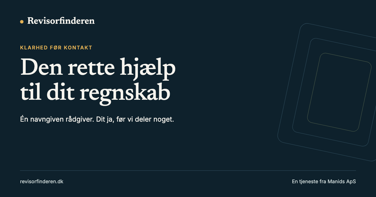 Delingskort for Revisorfinderen med teksten Den rette hjælp til dit regnskab og En tjeneste fra Manids ApS.